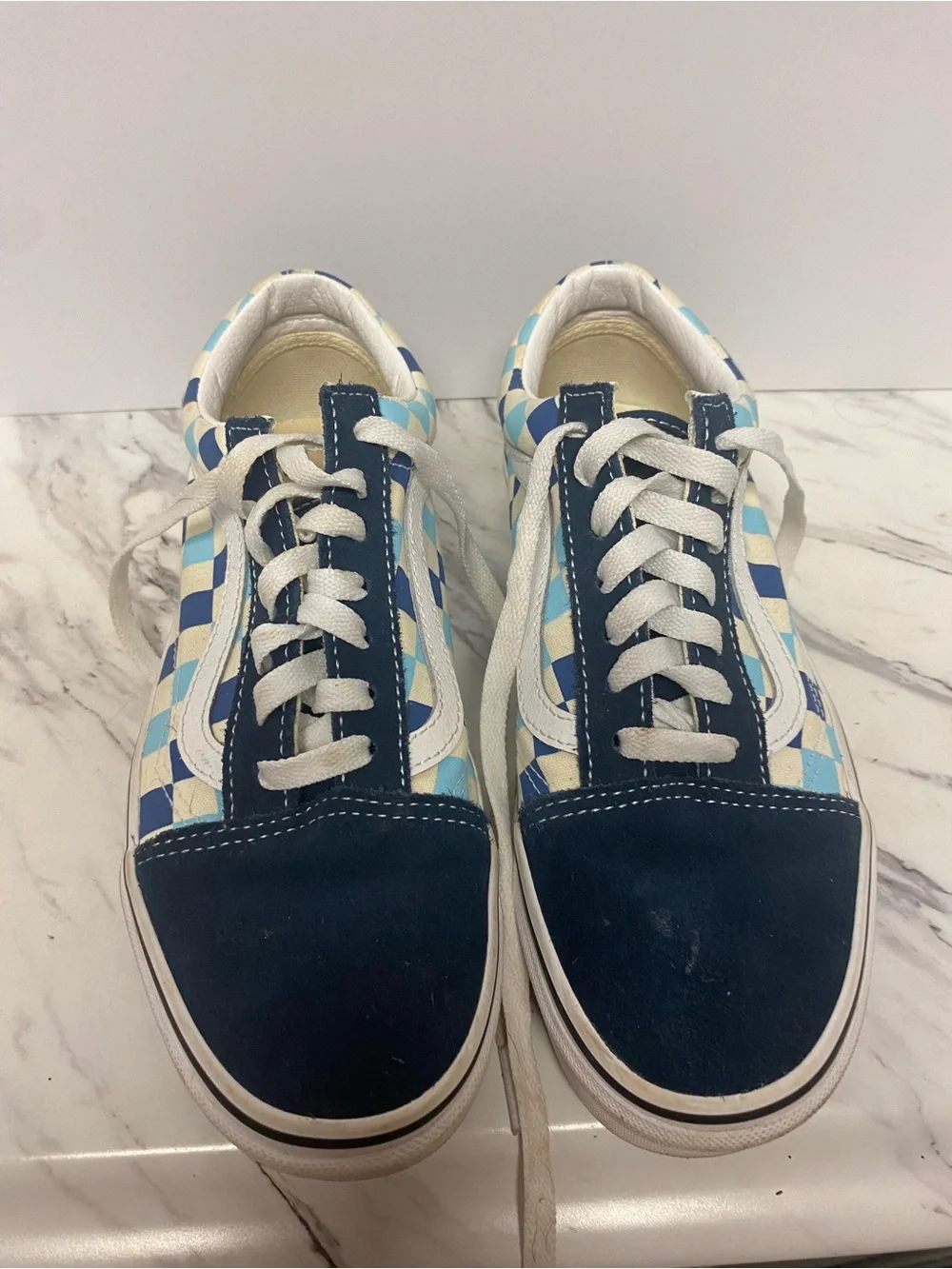 Vans Checkerboard Low Top Sneakers in Navy, Light Blue, White